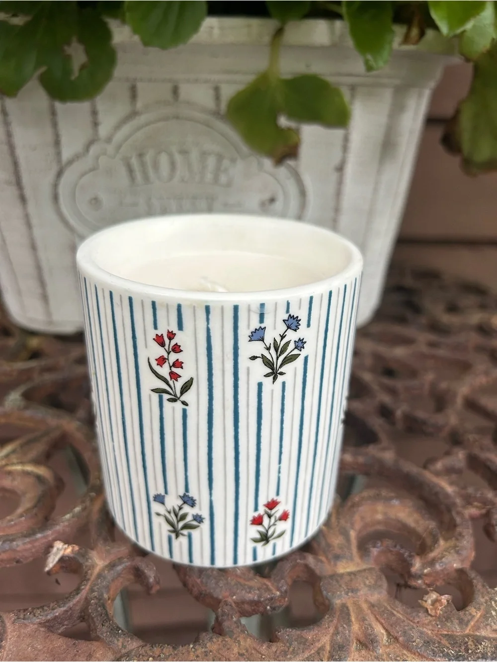 Anthropologie White Ceramic Candle with Blue Stripes and Red Floral Accents